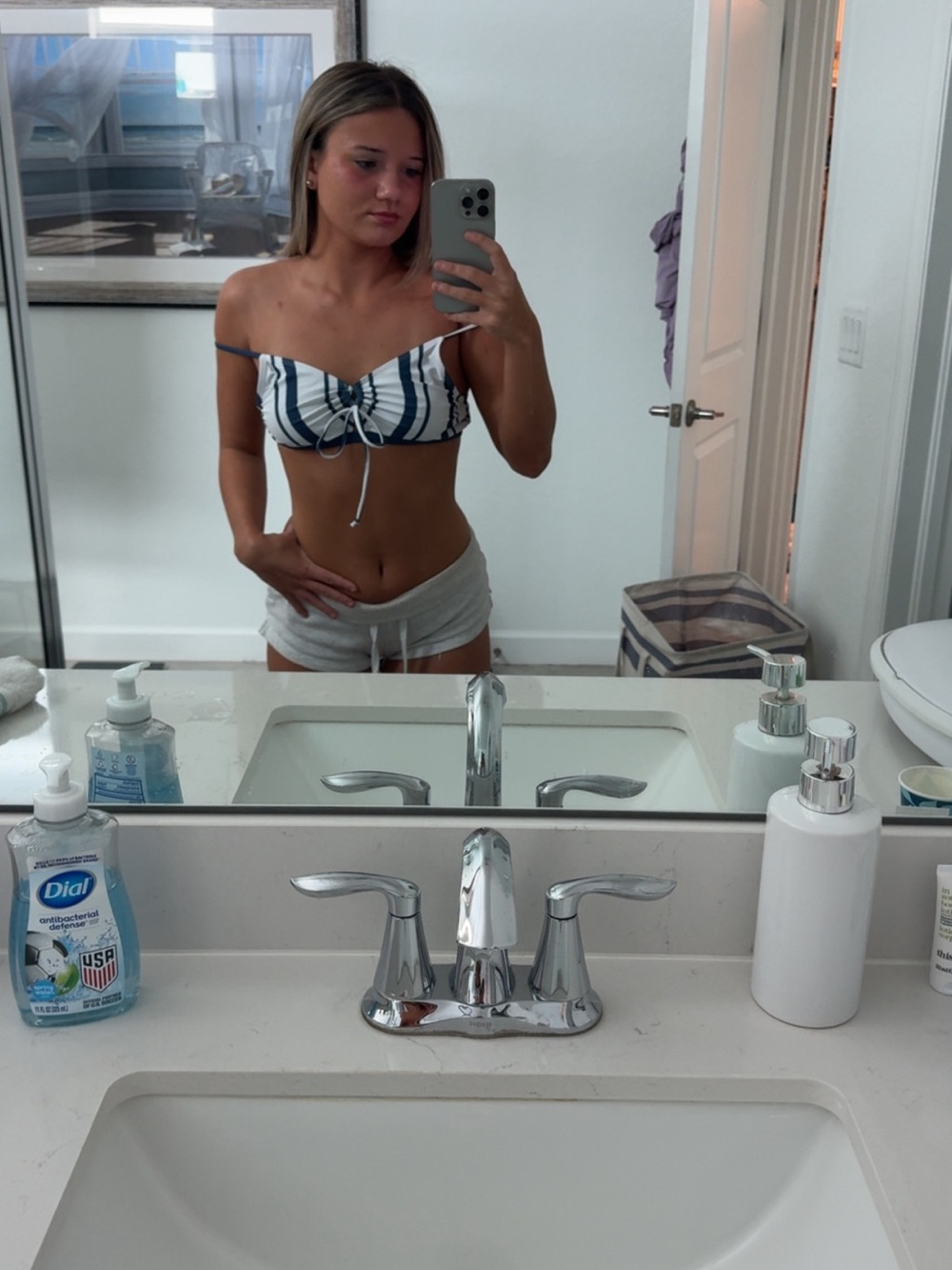 Striped Navy and White Off-Shoulder Bikini Top